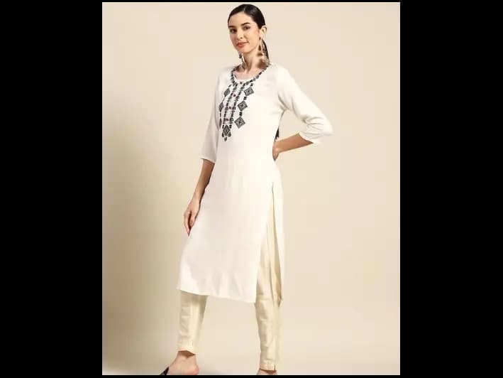 Off White & Black Geometric Embroidered Kurta
