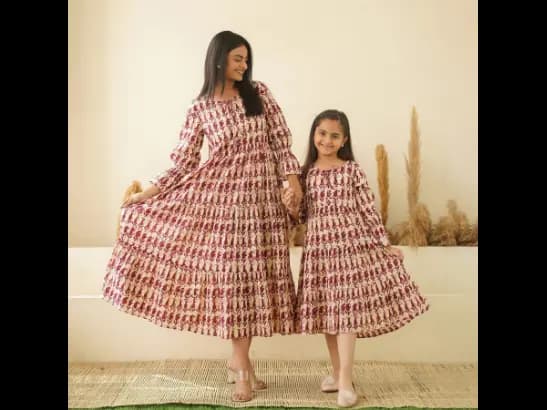 MAROON KERY BLOCK PRINT MOM AND DAUGHTER TIERED COTTON DRESSES