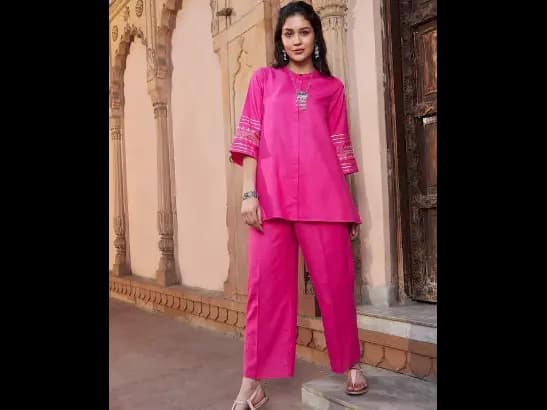 Embroidered Band Collar Shirt with Palazzos Co-Ords Set