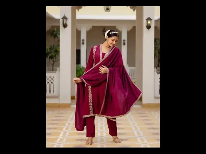 Floral Embroidered Panelled Kurta with Trousers & Dupatta (4)