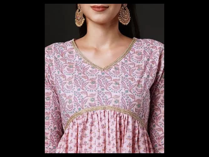 Floral Printed Empire Pure Cotton Anarkali Kurta With Trousers & Dupatta (5)