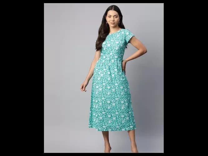 Floral Printed Cotton A-Line Dress