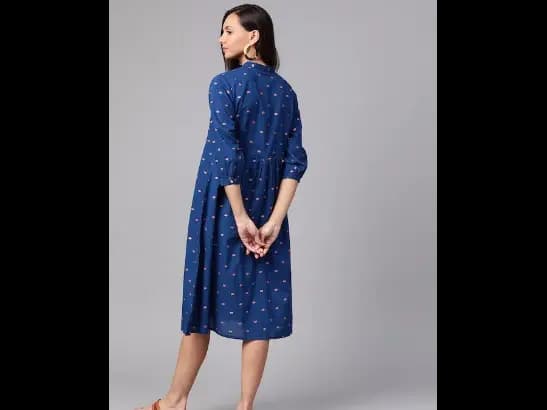 Navy Blue & Coral Pink Floral Printed Cotton A-Line Dress (3)