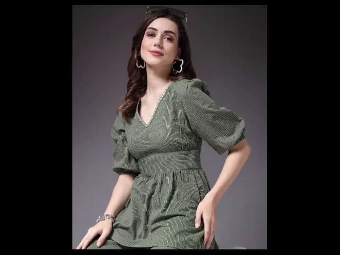Textured A-Line Dress - Green (2)