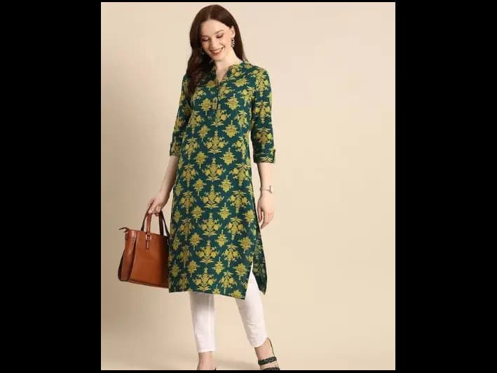 Teal Blue & Mustard Yellow Ethnic Motifs Printed Kurta