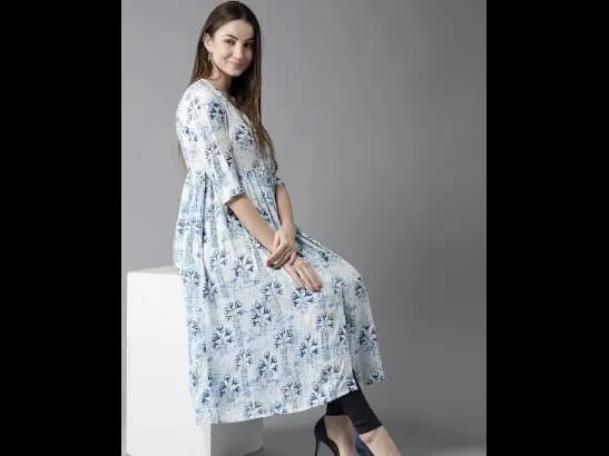 Women White & Blue Printed A-Line Kurta (2)