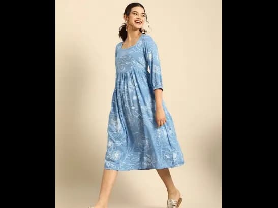 Blue & White Floral Square neck Fit N Flare Dress