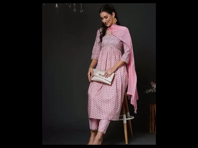 Floral Printed Empire Pure Cotton Anarkali Kurta With Trousers & Dupatta (3)