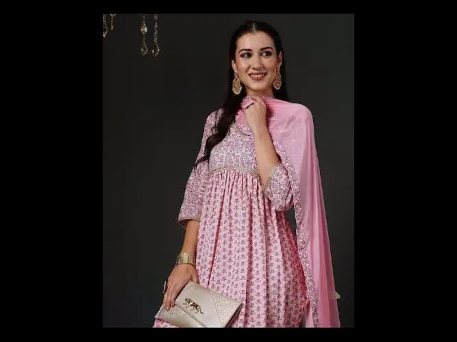 Zari Embroidered Pleated Kurta with Trousers & Dupatta