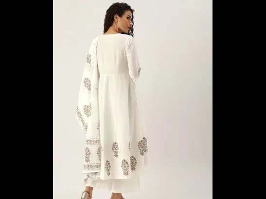 Off-White & Grey Sanganeri Handblock Print A-Line Sustainable Kurta Set & Dupatta (6)