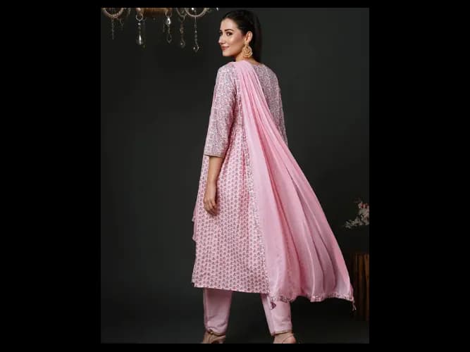 Floral Printed Empire Pure Cotton Anarkali Kurta With Trousers & Dupatta (4)