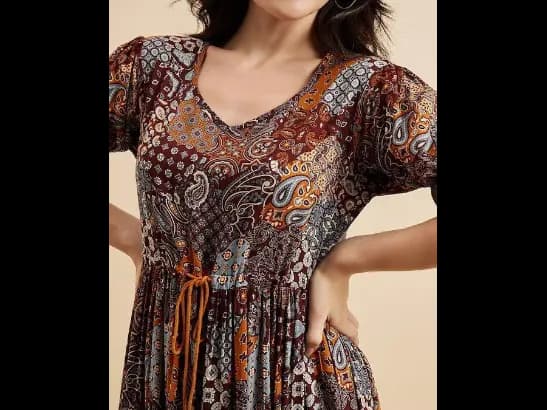 Ethnic Motif Print Round Neck Short Puff Sleeve A-Line Midi Tiered Dress (3)