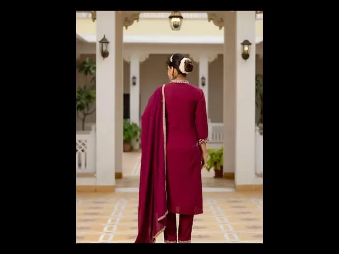 Floral Embroidered Panelled Kurta with Trousers & Dupatta (5)