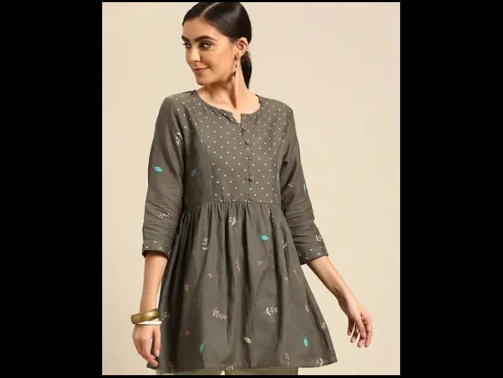 Grey & Pink Pure Cotton Floral Printed Kurta