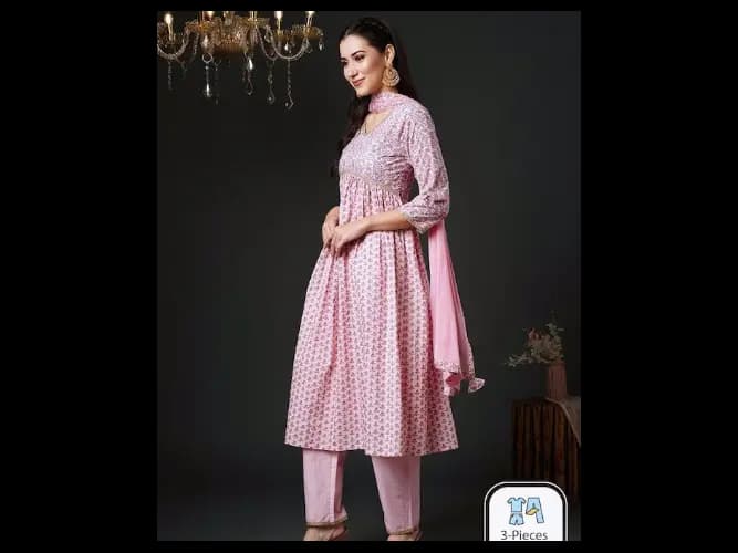 Floral Printed Empire Pure Cotton Anarkali Kurta With Trousers & Dupatta (2)