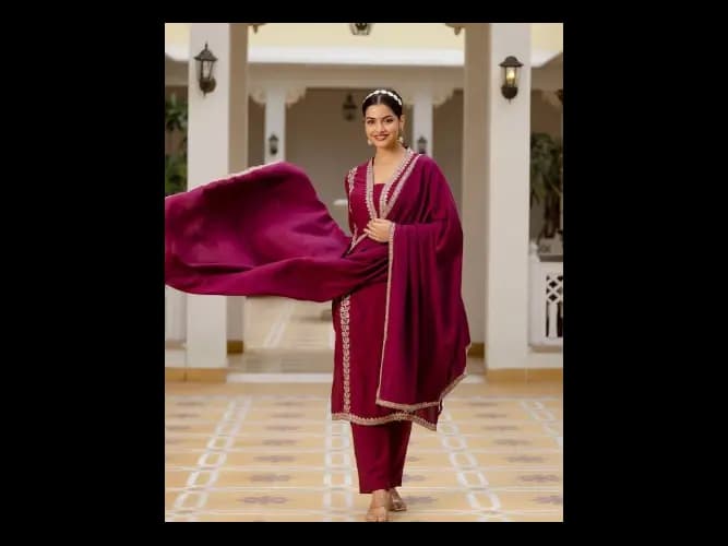 Floral Embroidered Panelled Kurta with Trousers & Dupatta (2)