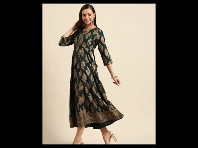 Green Gold-Toned Ethnic Motifs Ethnic Midi Dress (4)