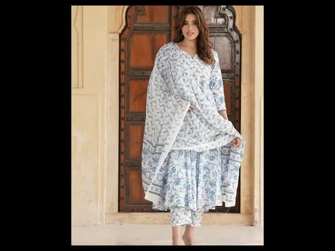 Floral Printed Gotta Patti Pure Cotton Anarkali Kurta with Trousers & Dupatta (3)