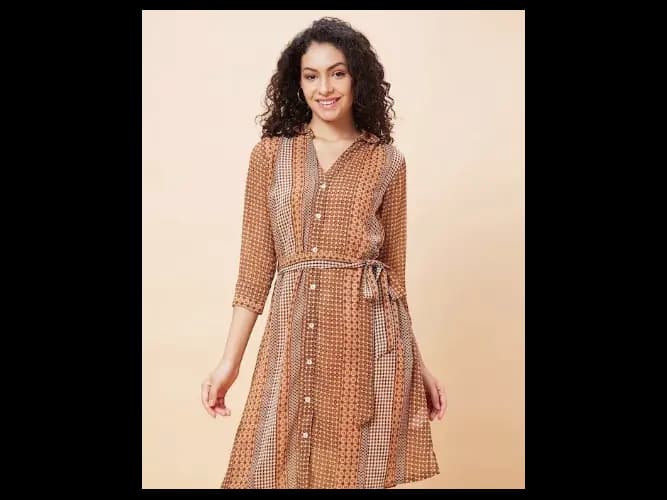 Geometric Printed Belt Detailed Shirt Collar Shirt Style Dress (3)