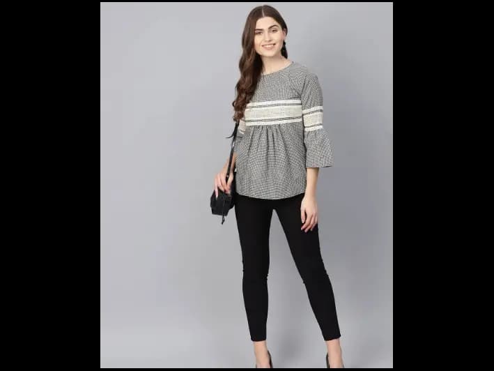 Black & Off-White Checked Empire Pure Cotton Top (3)