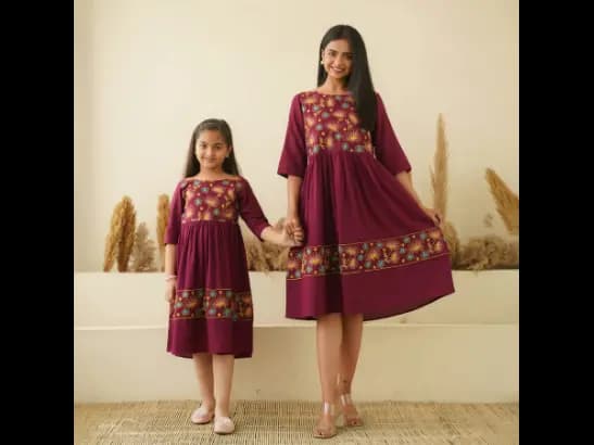 FLORAL EMBROIDERY ON WINE MOM AND DAUGHTER RAYON DRESSES