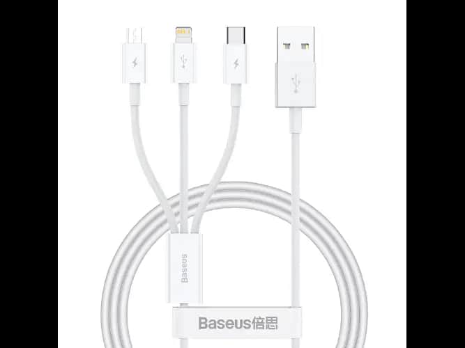 Baseus Superior Series 1m Fast Charging Data Cable USB to M+L+C 3.5A Stellar White – P10320105221-00 – 6 Months Warranty