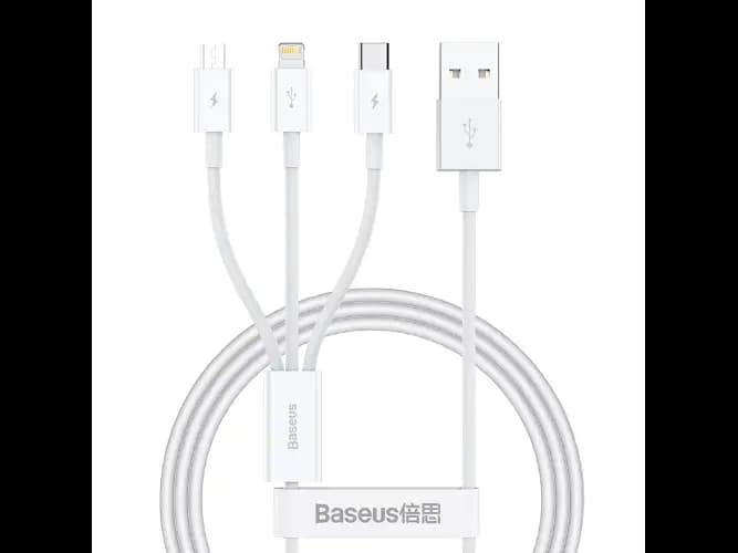 Baseus Superior Series 1m Fast Charging Data Cable USB to M+L+C 3.5A Stellar White – P10320105221-00 – 6 Months Warranty
