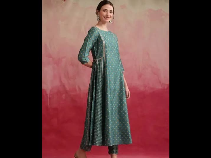 Boat Neck Floral Yoke Design Anarkali Kurta with Palazzo & Dupatta (5)