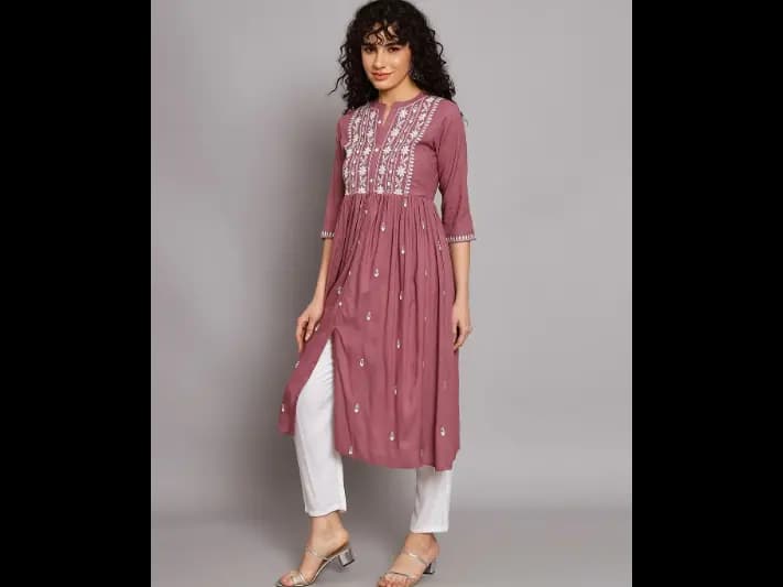 Embroidered Flared Kurta with Mandarin Collar