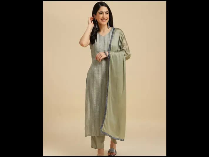Striped V-Neck Straight Kurta with Trousers & Dupatta