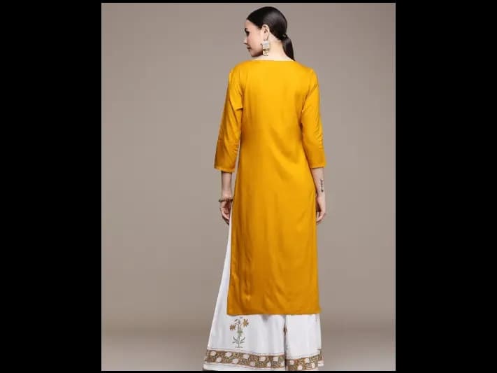Mustard Yellow Striped Regular Kurta with Trousers (3)