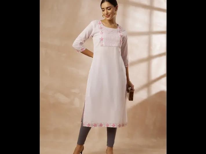 Floral Yoke Design Cotton Thread Work Kurta - Cotton
