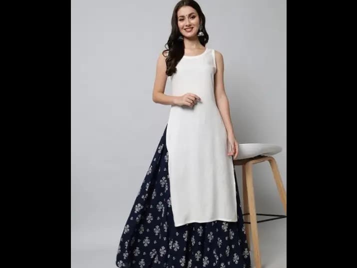 White Ethnic Motifs Kurta with Skirt - Viscose Rayon