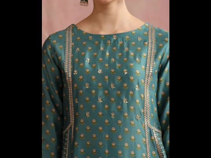 Boat Neck Floral Yoke Design Anarkali Kurta with Palazzo & Dupatta (2)