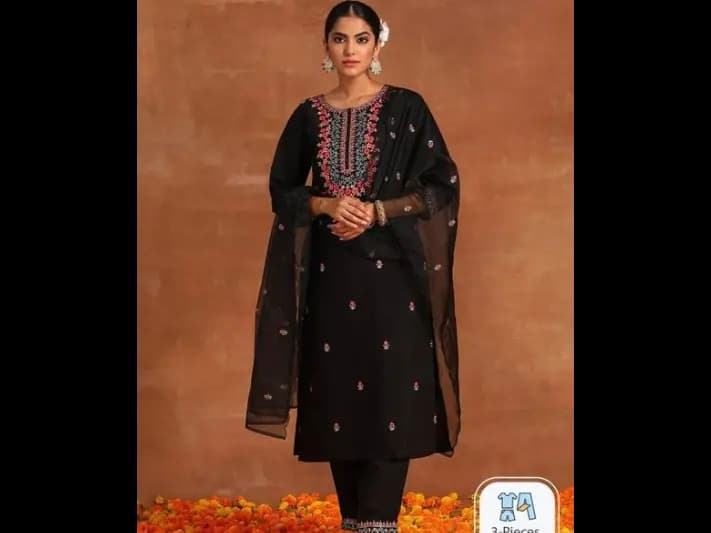 Floral Embroiderd Thread Work Straight Kurta & Trousers With Dupatta