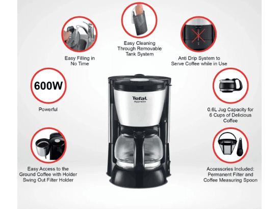 Tefal Compact Apprecia Coffee Maker - 0.6 Liters, 6-Cup, 600W, Metallic Grey (TF-CM-APR737) (3)