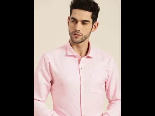 Men Easy Care Pink & White Self Design Sustainable Formal Shirt