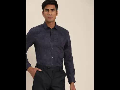 Men Navy Blue & Brown Slim Fit Self Design Sustainable Formal Shirt