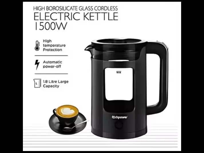 Richpower High Borosilicate Glass Cordless Electric Kettle – 1500W (Black) (2)