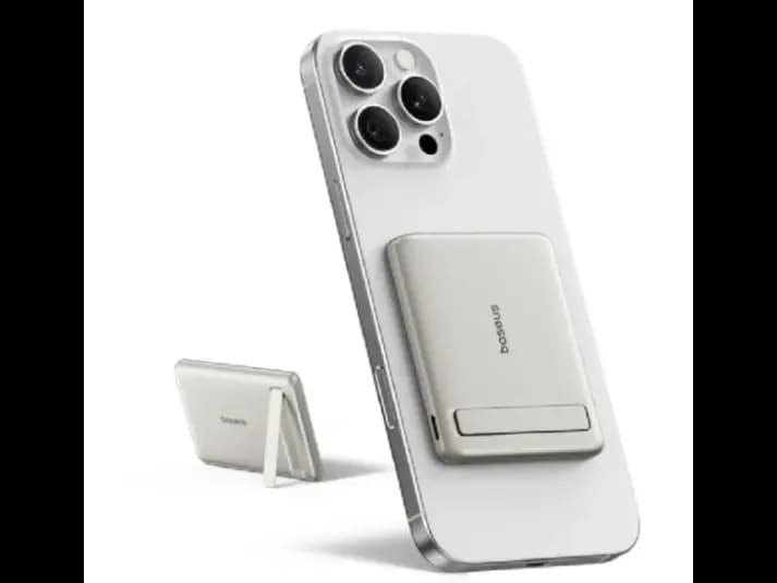 Baseus 5000mAh 20W Qi2 PicoGo AM31 Ultra-Mini Magnetic Power Bank with Kickstand Natural Titanium (with Braided Cable USB-C to USB-C 30cm White) – P10081907853-00