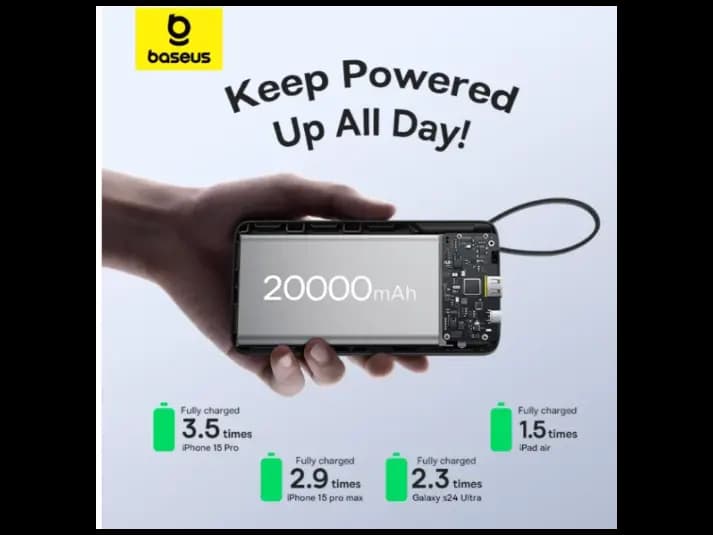 Baseus 20000mAh 20W Bipow 2 Digital Display Power Bank with Built-in Type-C Cable – Cluster Black – Model: P10077101113-01 (3)