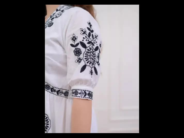 Floral Embroidered Thread Work Empire Puff Sleeves Anarkali Kurta (5)