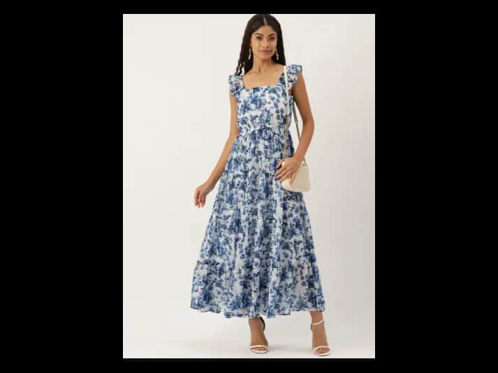 Floral Printed Square Neck Ruffled Tiered Georgette Maxi Fit & Flare Dress