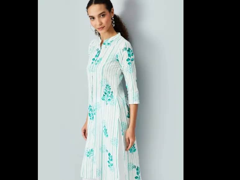 Floral Printed Mandarin Collar Straight Cotton Kurta