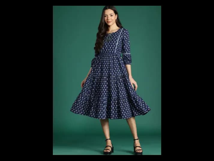 Floral Print Tie-Up Neck Puff Sleeves Fit & Flare Dress