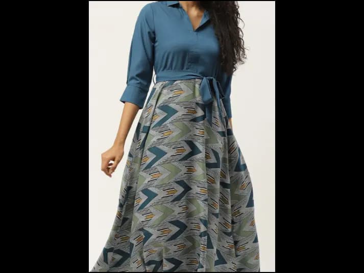 Teal Geometric Printed Shirt Collar Belted A-Line Midi Dress (4)