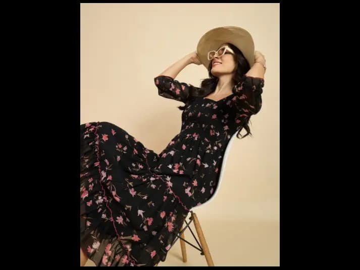 Floral Print Puff Sleeve Georgette Fit & Flare Midi Dress (6)