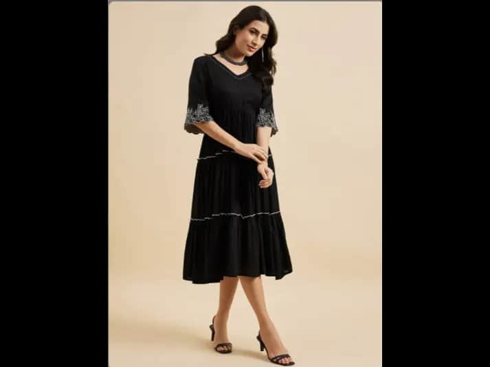 Floral Embroidered V Neck Bell Sleeves Empire Fit & Flare Tiered Dress