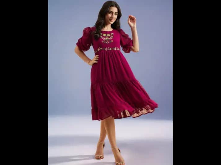 Floral Embroidered Round Neck Short Puff Sleeves Georgette Fit & Flare Tiered Dress