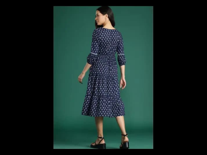 Floral Print Tie-Up Neck Puff Sleeves Fit & Flare Dress (4)